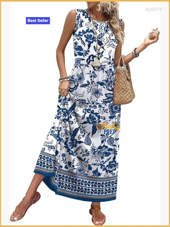 Dresses & Skirts - Maxi Sundress with Pockets, Elastic Waist, Flowy A-Line Summer Dress